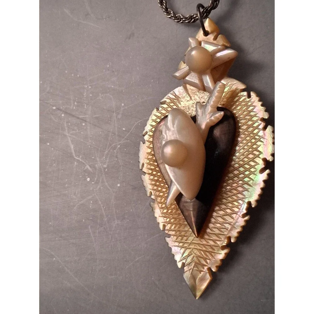 Carved Sacred Heart Necklace Mother of Pearl